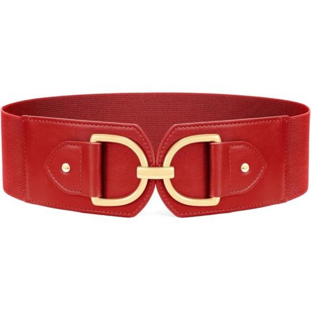 Women Elastic Belt Stretchy With Gold Buckle Red